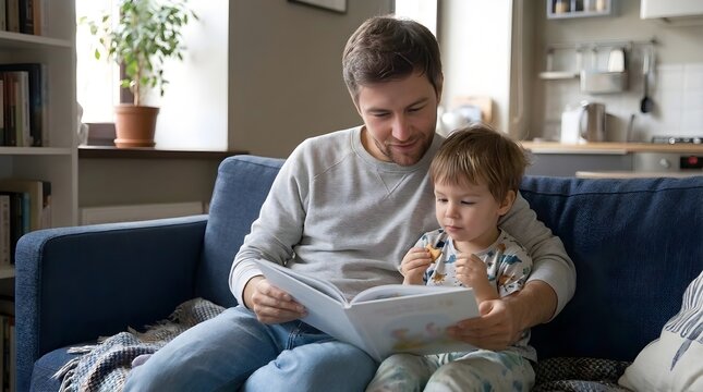 Caring father reading an interesting story book to his little son while sitting together on a comfortable sofa at home