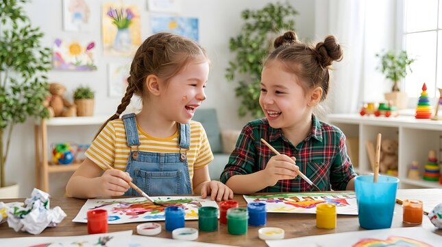 Happy little girls painting together with watercolors at a desk in a bright room