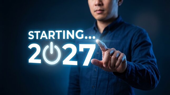 Man touching a glowing 2027 start button on a futuristic digital interface