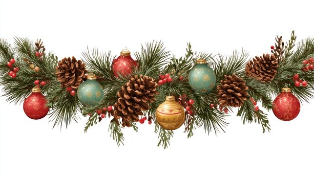 PNG Christmas garland with pinecones and ornaments transparent background