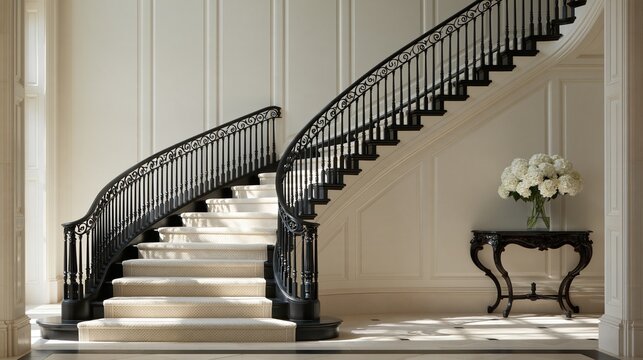 Luxurious classic curved staircase with black wrought iron railing and beige carpeted steps next to ornate black console table with white hydrangea bouquet in elegant residential entryway