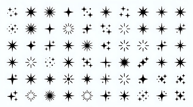 Set of various decorative star shapes and sparkling light burst elements
