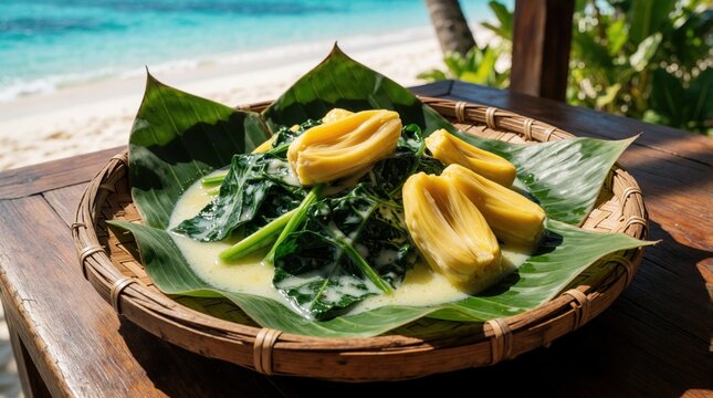 Traditional tropical meal with taro leaves, yellow jackfruit in coconut milk. Exotic vegetarian dish served on woven basket plate with green leaves. Healthy organic food on wooden table at beach