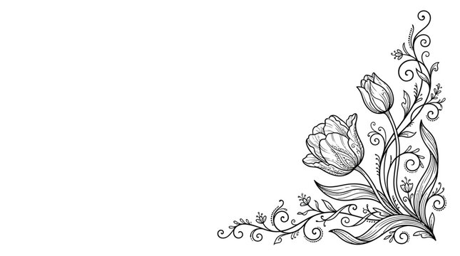Elegant corner border design featuring hand drawn tulip flowers and decorative swirls in black and white.