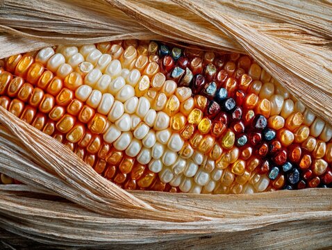 colorful dried indian corn kernels are wrapped in dry husks