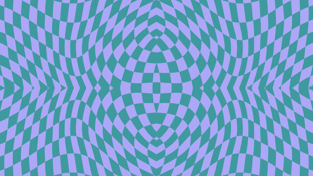 Psychedelic checkerboard pattern, abstract warped grid background, vibrant purple and teal optical illusion, retro 60s 70s aesthetic, groovy distorted graphic design element