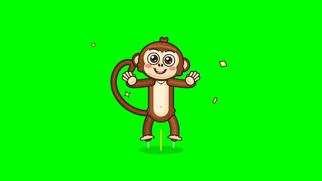 Cute 2D Flat Vector Cartoon Monkey Clapping Hands, Stomping Feet, Jumping, and Striking Victory Pose with Yellow Particles on Green Screen Seamless Loop