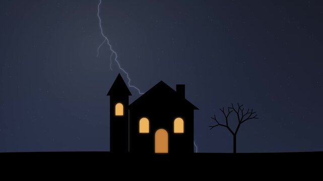 Haunted house silhouette with lightning strike horror creepy halloween animation HD 4K