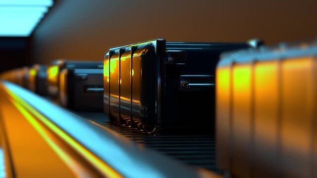 Luggage moves along conveyor belt in airport terminal. Warm lighting highlights metallic suitcases. Focus shifts as items travel forward. Ideal for travel, tourism, or logistics content