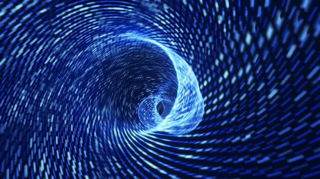 Mesmerizing blue vortex tunnel spins inward, glowing with digital energy. Light streaks spiral toward a dark, glowing center. Abstract motion suggests futuristic technology or data streams