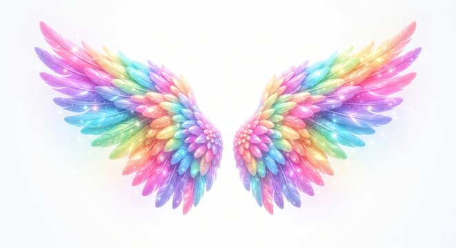 Magical rainbow colored angel wings decorated with sparkling lights.