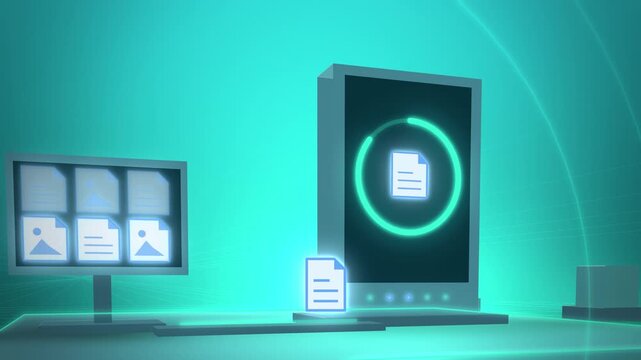 Teal external hard drive secure cloud backup tilted view seamless loop