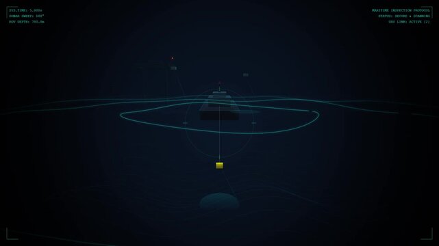 Futuristic Stealth Warship Navigating Dark Ocean with Digital Sonar HUD Navigation Interface 3D Animation