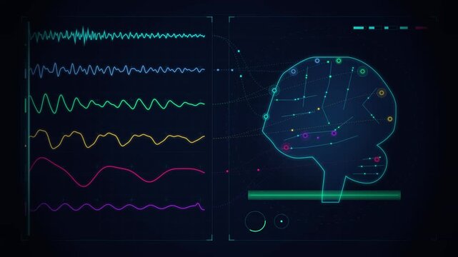 Futuristic digital brain scan interface with neurological wave monitoring graphs.