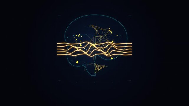 Abstract digital brain visualization with glowing neural network lines and technological particles on dark background.