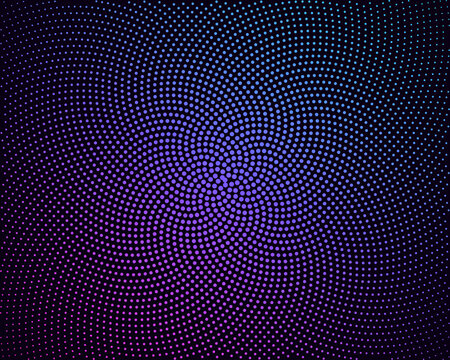 Abstract spiral sunflower halftone dot pattern in neon pink and cyan, vector background with copy space