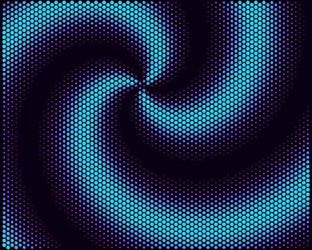 Abstract swirl halftone dot pattern in neon pink and cyan, vector background with copy space