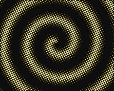 Abstract swirl halftone dot pattern in gold on black, vector background with copy space