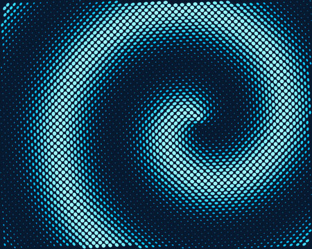 Abstract swirl halftone dot pattern in blue and cyan on navy, vector background with copy space