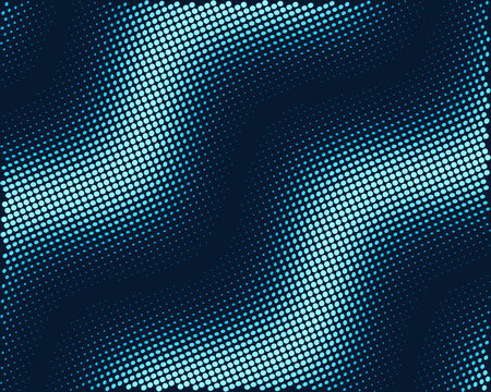 Abstract wave halftone dot pattern in blue and cyan on navy, vector background with copy space