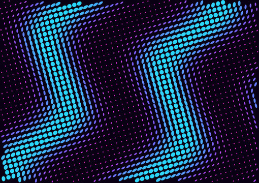Abstract wave halftone dot pattern in neon pink and cyan, vector background with copy space