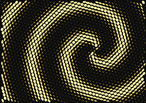 Abstract swirl halftone dot pattern in gold on black, vector background with copy space