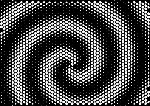 Abstract swirl halftone dot pattern in white on black, vector background with copy space