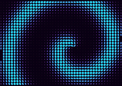 Abstract swirl halftone dot pattern in neon pink and cyan, vector background with copy space