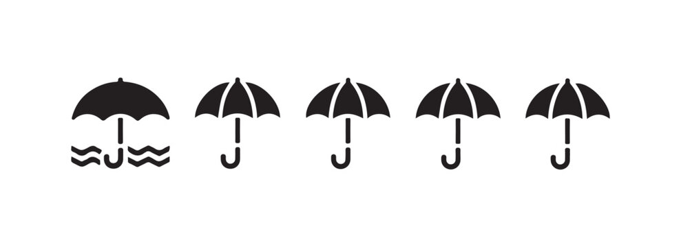 Black umbrella icons including beach parasol with waves and standard rainy weather symbols for summer and storm.