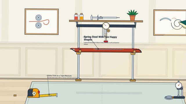 2D animation explaining the physics and mechanics of a bistable spring steel band, illustrating how the domed arch locks it straight and how it snaps into a coiled state upon impact
