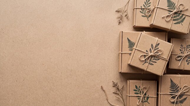 Sustainable Eco Friendly Packaging with Cardboard Gift Boxes on Kraft Paper Background