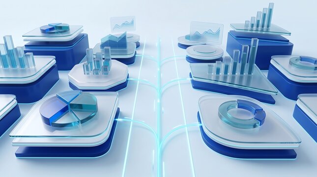 Futuristic data visualization charts floating on glowing digital platforms within abstract technology business environment featuring blue glass metrics and interconnected network nodes in 3d render