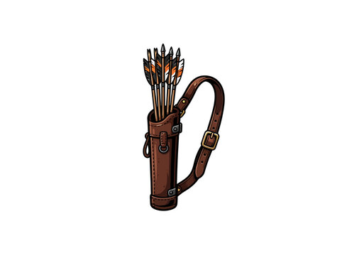 Brown Leather Archery Quiver Holding Arrows With Shoulder Strap Gold Colored Buckle And Centered White Background