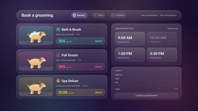 Pet Grooming Appointment Booking User Interface Design Animation With Cute Dog Cartoon Illustration Modern Dark Dashboard For Mobile App Presentation