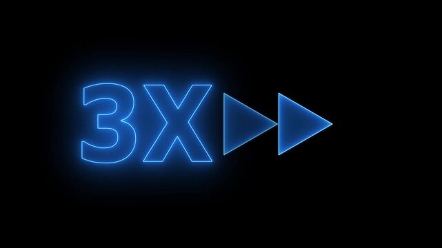 Glowing neon animated 3x speed fast forward icon loop on black background.