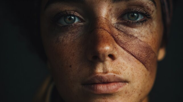 Close-up of woman's face, freckled and marked