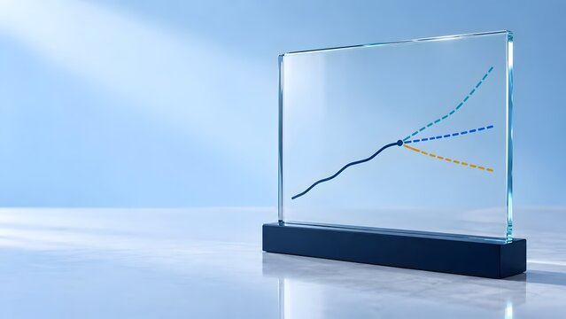 Transparent glass plaque displaying financial line graph with multiple colored trajectory projections on blue background