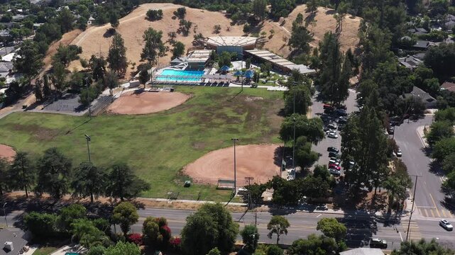Aerial view of baseball fields and a rec center in Woodland Hills