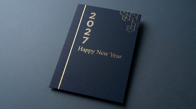 Elegant navy blue greeting card for happy new year 2027 with flat lay