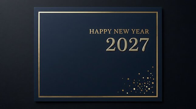 Luxury gold framed happy new year 2027 card on black background with flat lay