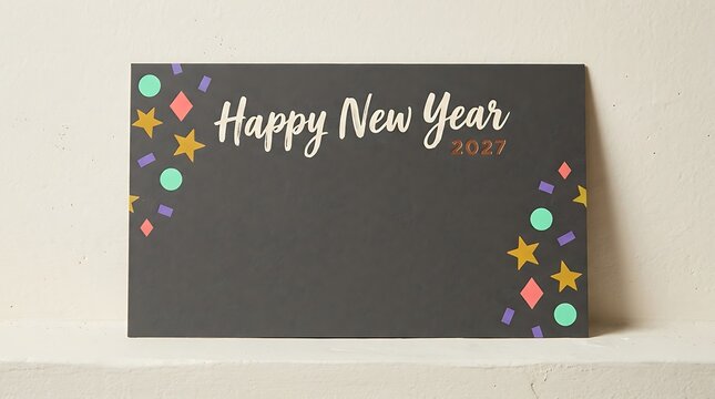 Colorful confetti happy new year greeting card on light background with flat lay