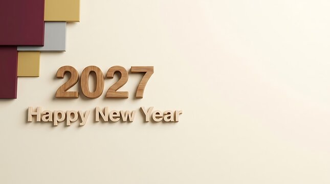Wooden 2027 happy new year text on layered color background with three dimension