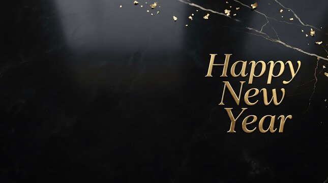 Elegant golden happy new year text on dark textured background with gold foil