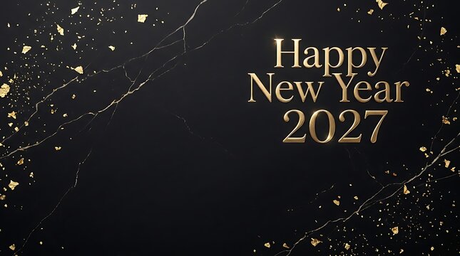 Golden happy new year 2027 text on dark black background with greeting