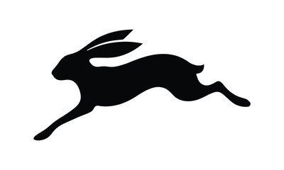 Solid black silhouette of a running hare depicted in profile with a minimalist graphic fast rabbit sprinting across the frame wildlife leporidae © MSTSURIYA