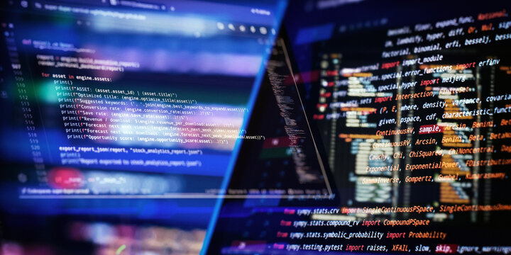 Futuristic cybersecurity and machine learning concept with glowing source code displaying financial forecast and probability data on dark monitors
