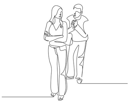 Continuous line art of a man apologizing to a sulking woman with crossed arms, relationship conflict and forgiveness concept, minimalist vector illustration