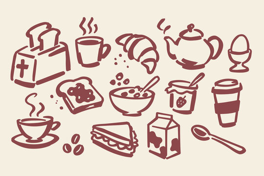 Breakfast Food and Drinks Hand Drawn Doodle Set with Coffee, Toast and Croissant