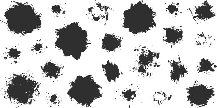 Charcoal ink blot spots texture on white. Round splashy blots spread around in a grunge style. Vector graphic for social media, websites and packaging.