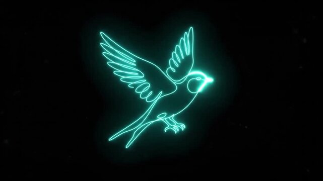 Glowing neon bird flying gracefully across dark black background with minimal abstract vector line art style design